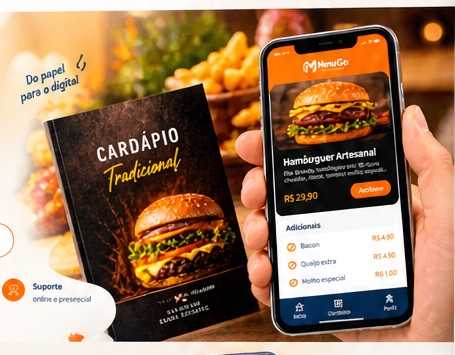 Cardápio impresso ao lado de um cardápio digital no celular, mostrando a evolução para pedidos online